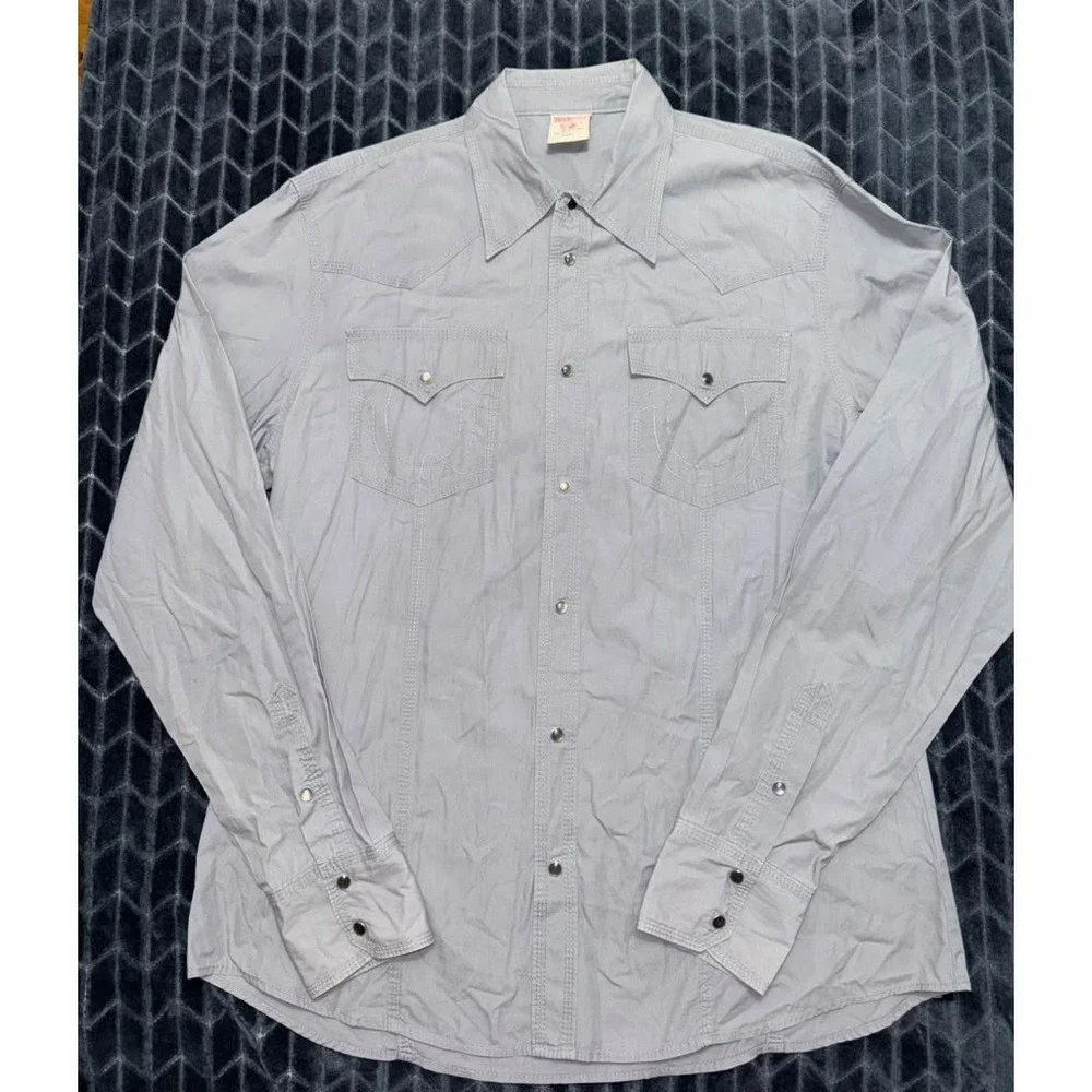 True Religion Mens Gray Pearl Snap Western Long Sleeve Shirt Pockets Sz 3XL